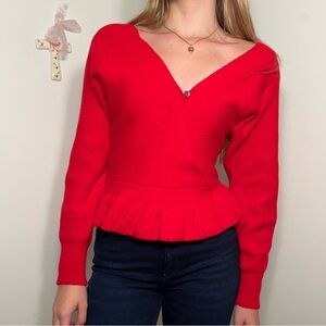 Striking Red V-Neck Sweater with Wrap Design